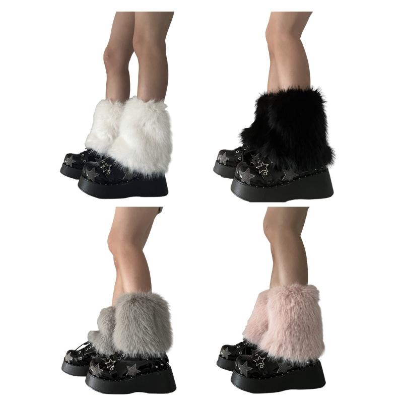Flauschige Kunstpelz Beinwärmer Pelz Fersen Lange Stiefel Manschetten Abdeckung Hat Elastisch Ein Paar Karneval Stiefelabdeckung Y2K JK Uniform