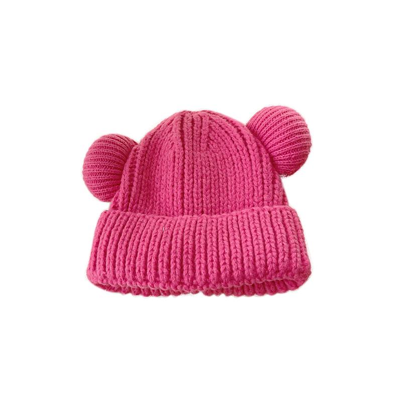 

Зимняя шапка для девочек и мальчиков с медведем, теплая вязаная детская шапка с ушками, однотонная детская шапка с защитой ушей, возраст 2–6 лет фуксия