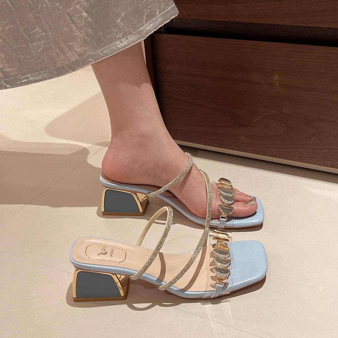 

Летние новые крутые шлепанцы на толстом каблуке, женские, со стразами, на среднем каблуке, с сандалиями, хрустальные туфли на высоком каблуке 35 синий