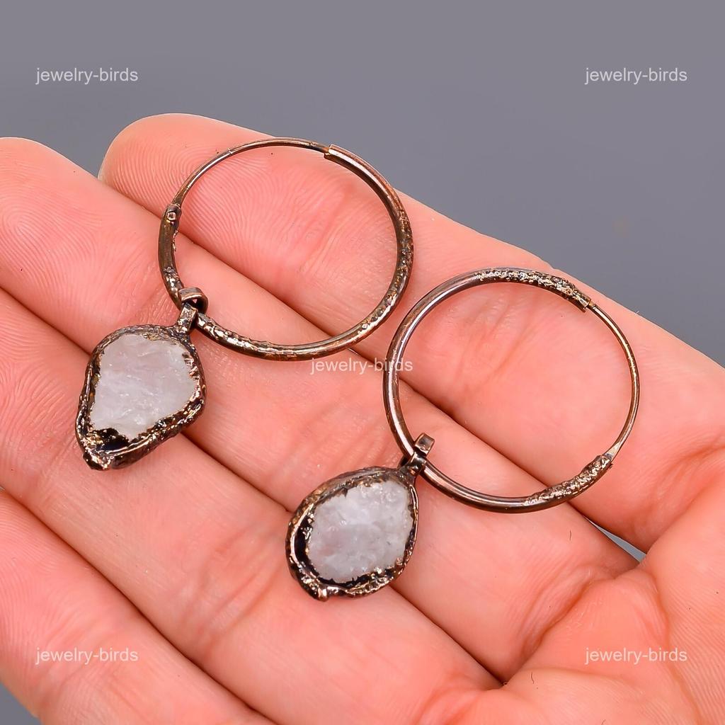 Rainbow Moonstone Gemstone Copper Dangle Birthday Electroformed Earrings Jewelry V-110