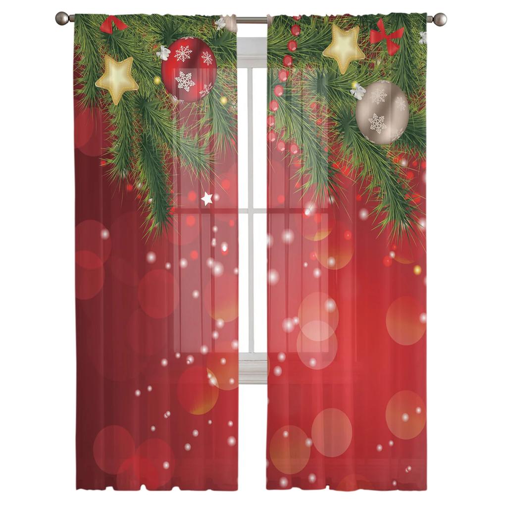 Christmas Tree Snowflakes Bow Red Dots Chiffon Sheer Curtains for Living Room Bedroom Decoration Window Voiles Tulle Curtain
