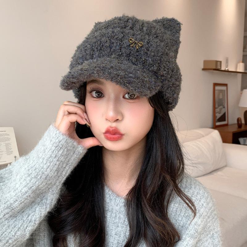 Korean Sweet and Versatile Bow Plush Baseball Cap FallSeason and ColdSeason Style DailyWear Ear Protection Hat Cold Warm Hat Women