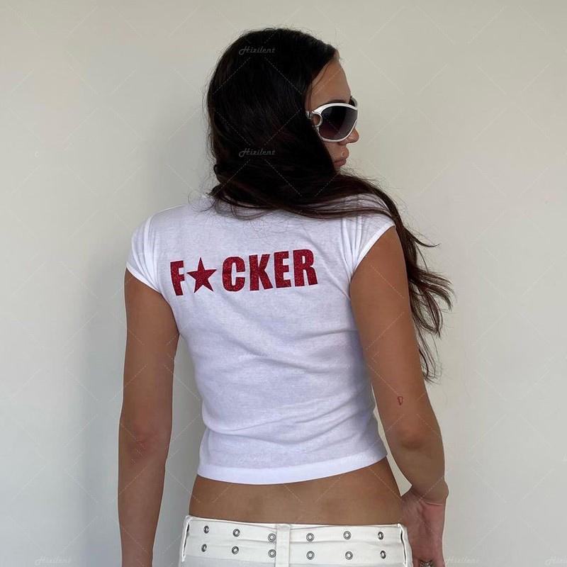 Y2K Fashion Letter Print Fairy Grunge Summer E-girl White Crop Tops Slim 2000s Streetwear Harajuku Goth Short Sleeve T-shirts