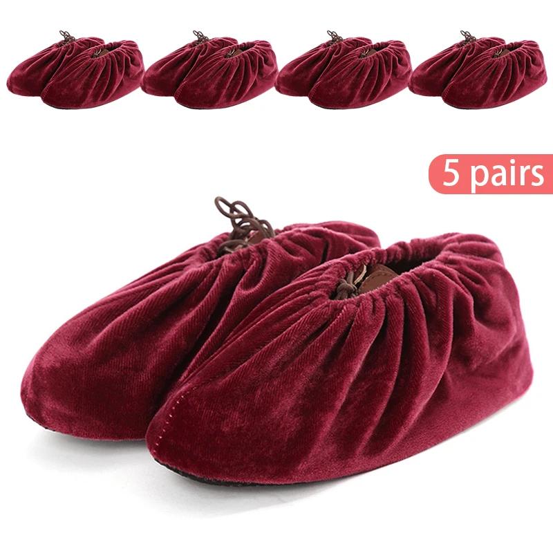 5 Pairs Thicken Plush Shoe Covers Reusable Anti-slip Soles Durable Wear-resistant Covers Foot for Indoor Outdoor Shoe
