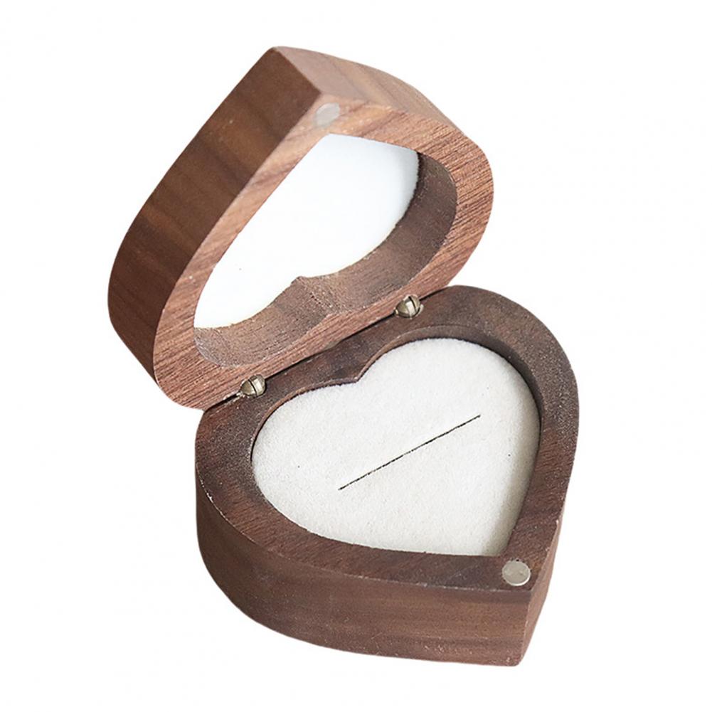 Ring Storage Box Heart-shaped Walnut Wood Jewelry Box Velvet-padded Ring Storage Case Smooth Polished Surface Wedding Proposal