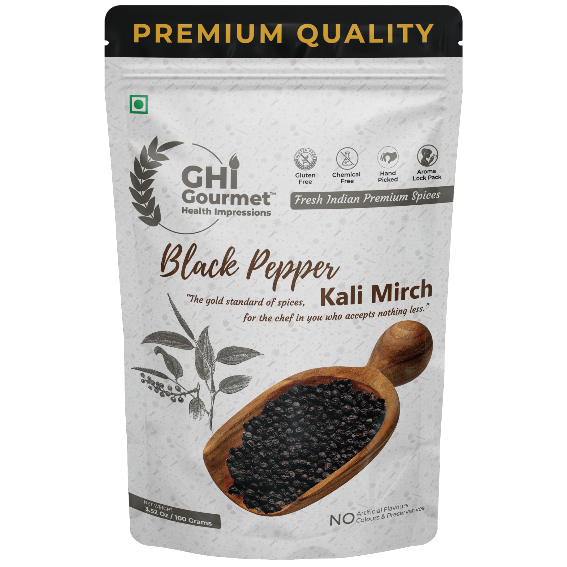 

GOURMET HEALTH IMPRESSIONS Superior | 100g | Grade Wayanad Region Tellycherry Bold Whole Black Pepper (Kali Mirch) - Aromatic, Freshly Packed, No