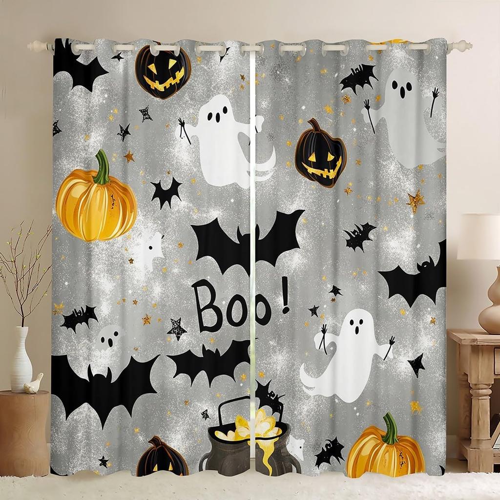 Happy Halloween Curtain Pumpkin Curtains Trick Treat Gothic Night Drapes Horror Cartoon Window Room Darkening Made Of Polyester