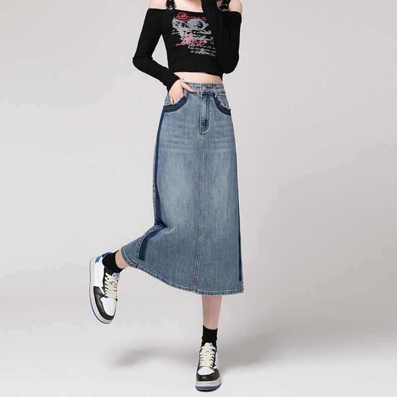 

Летняя женская джинсовая юбка грушевидной формы, джинсовая юбка до середины тела, винтажная юбка трапециевидной формы с высокой талией и разрезом средней длины 2XL