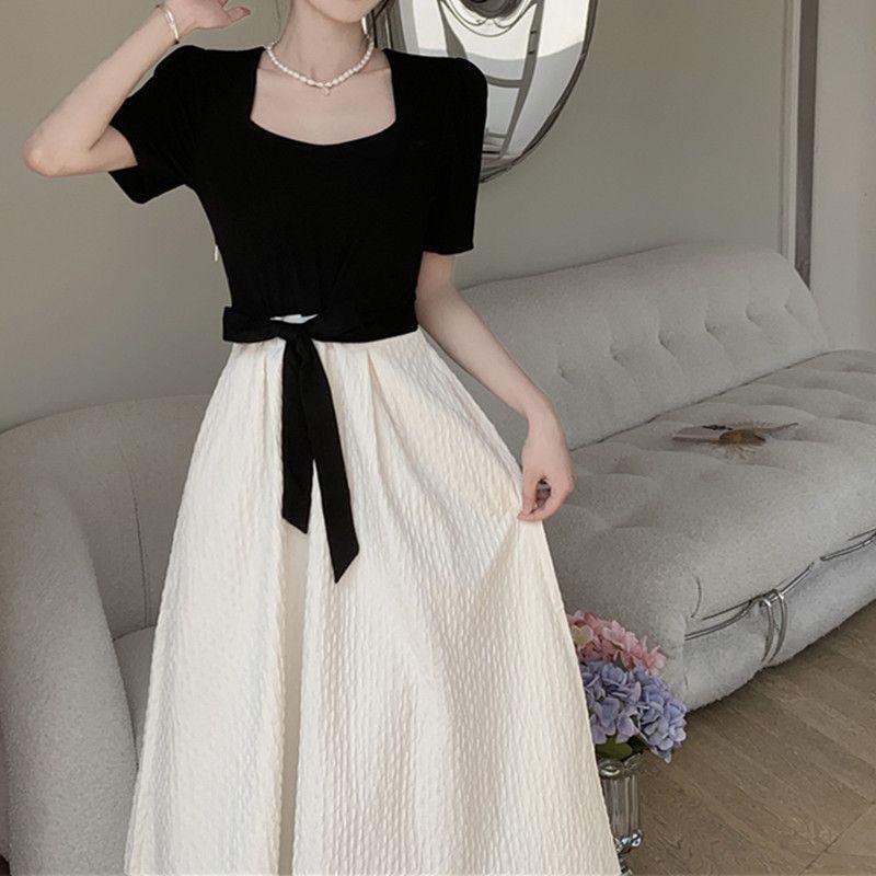 Large size women's clothing temperament splicing waist A-word skirt medium and long summer belly cover dress spring and summer