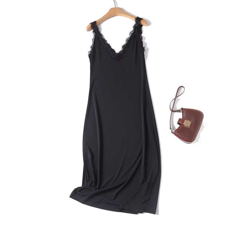 

MD Women clothes Holiday Style Sexy Lace Neckline Elegant Long V-neck Vest Dress Female 06657805800 Black L