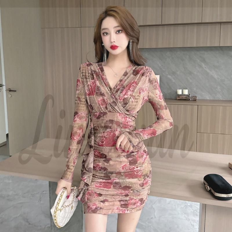 

Elegant V-Neck Mesh Print Long Sleeve Slimming Bodycon Dress M квітковий