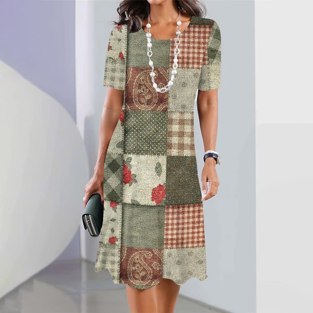 New Plaid Graphic Print Dresses For Women Elegant Dresses Summer Medium Length Dress Plus Size Female Fashion