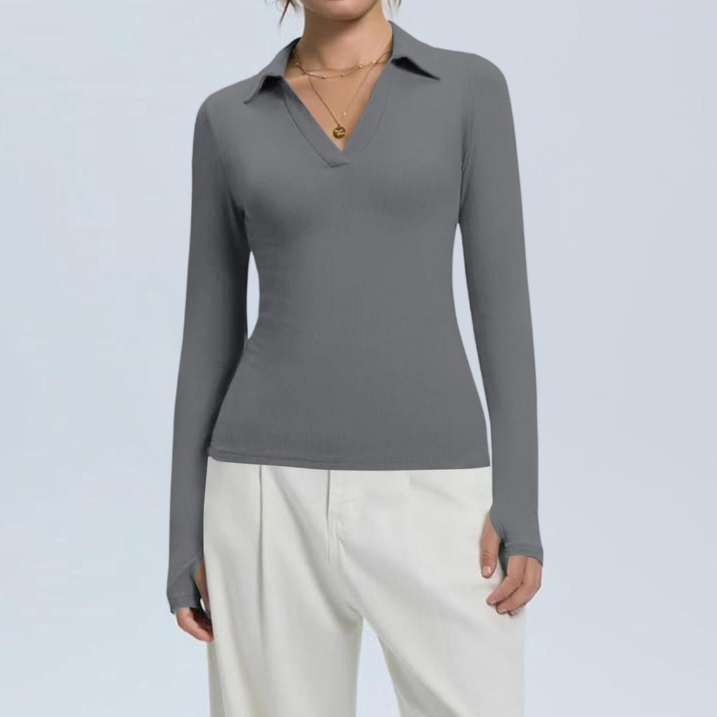 Dámská módní ležérní jednobarevná halenka s výstřihem do V, dlouhým rukávem a zapínáním na knoflíky