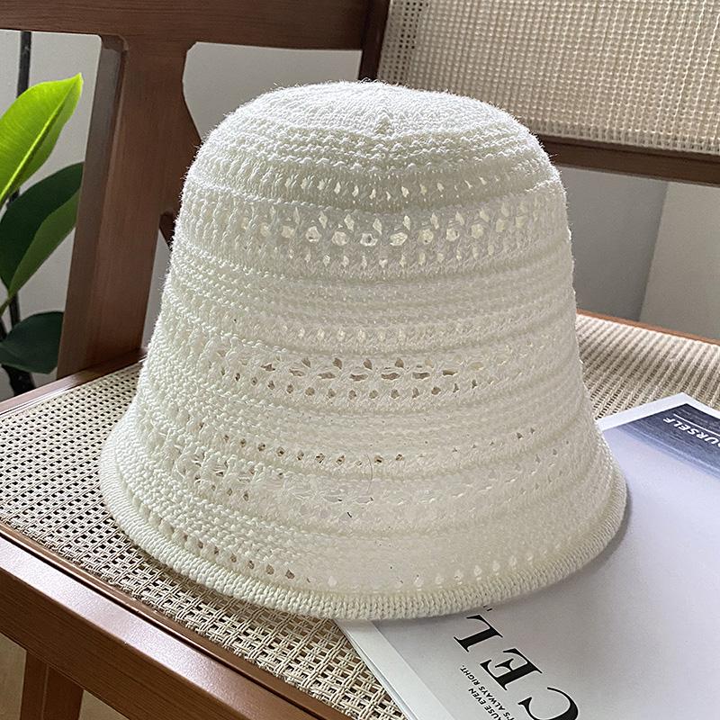 Knitted Hollow Bucket Hat Women's Summer New Solid Color Breathable Sunscreen Sunshade Bucket Basin Hat Sun Hat