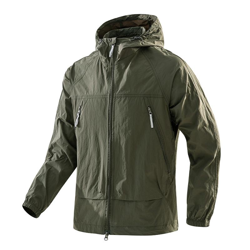 

UPF50+Men s Hooded Windbreaker Jacket - Ultra Light Summer Zipper Pocket Elastic Cuffs Suitable for Outdoor Hiking and Running XS армія зелений колір