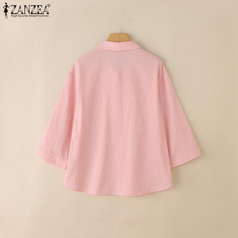 ZANZEA Womens Turn Down Collar 3/4 Sleeve Loose Button Blouse