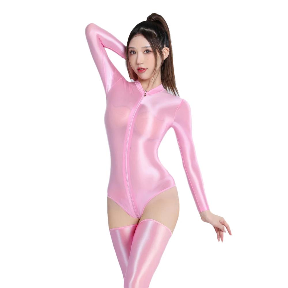 Sexy Women Stain Oil Shiny Elastic Bodysuit Yoga Shapping One-Pieces Thong Tights Sheer See Through Jumpsuits Maid Leotard