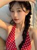 Retro Hong Kong Style Red Polka Dot Neck Strap Backless, Sexy Deep V One-piece Triangular Seaside Vacation White Swimsuit Woman