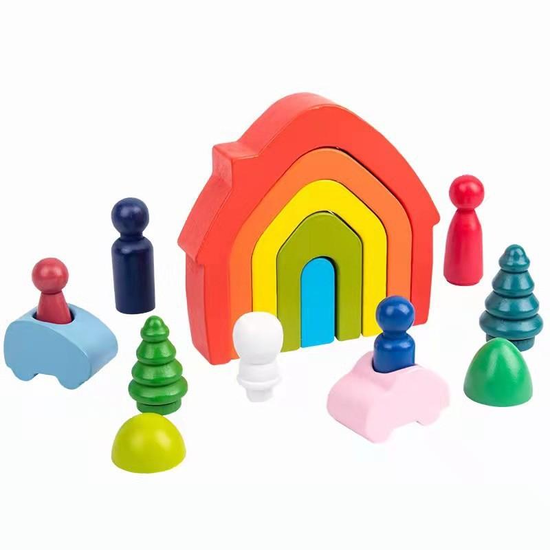 Children's Colorful Pebbles Rainbow Building Block Arch Bridge Villain Stacking Music Training Baby Hand-eye Coordination Wooden