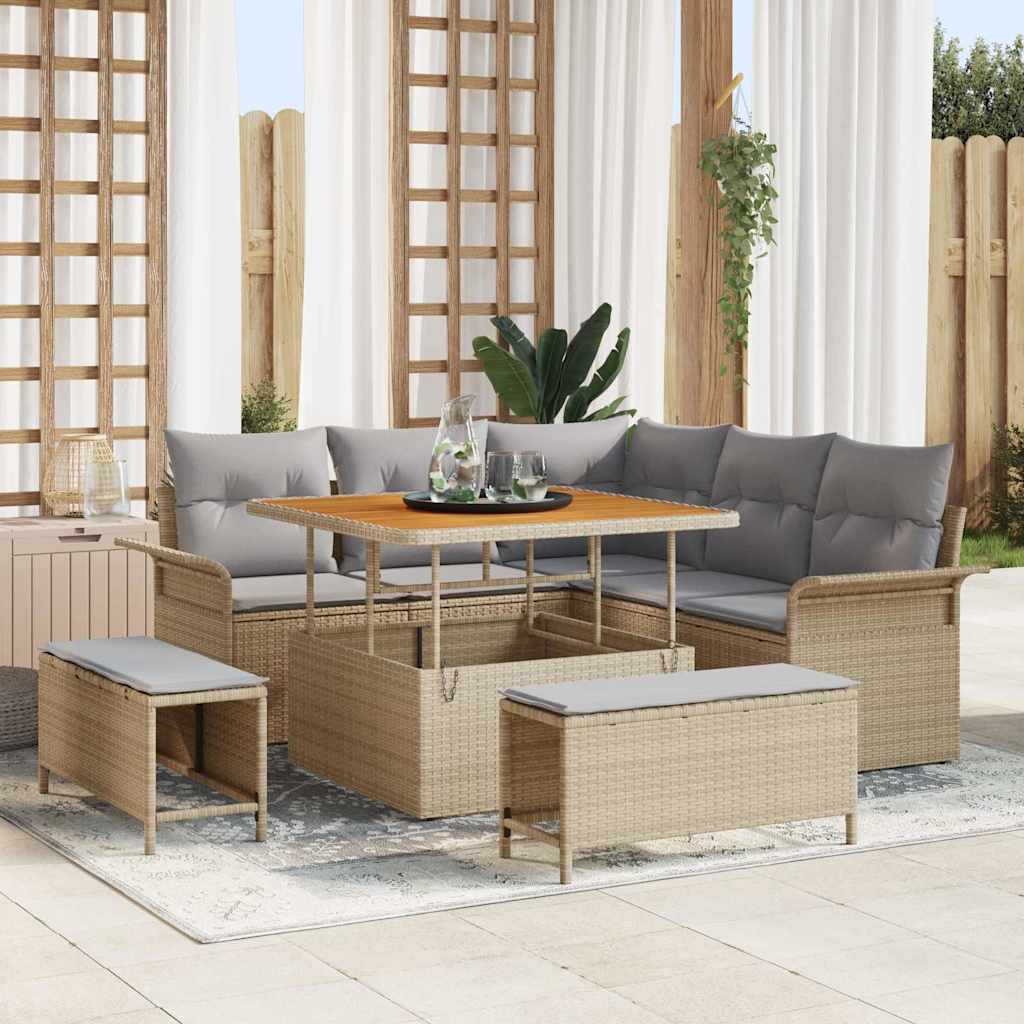 8 Piece Beige Garden Sofa Set with Cushions