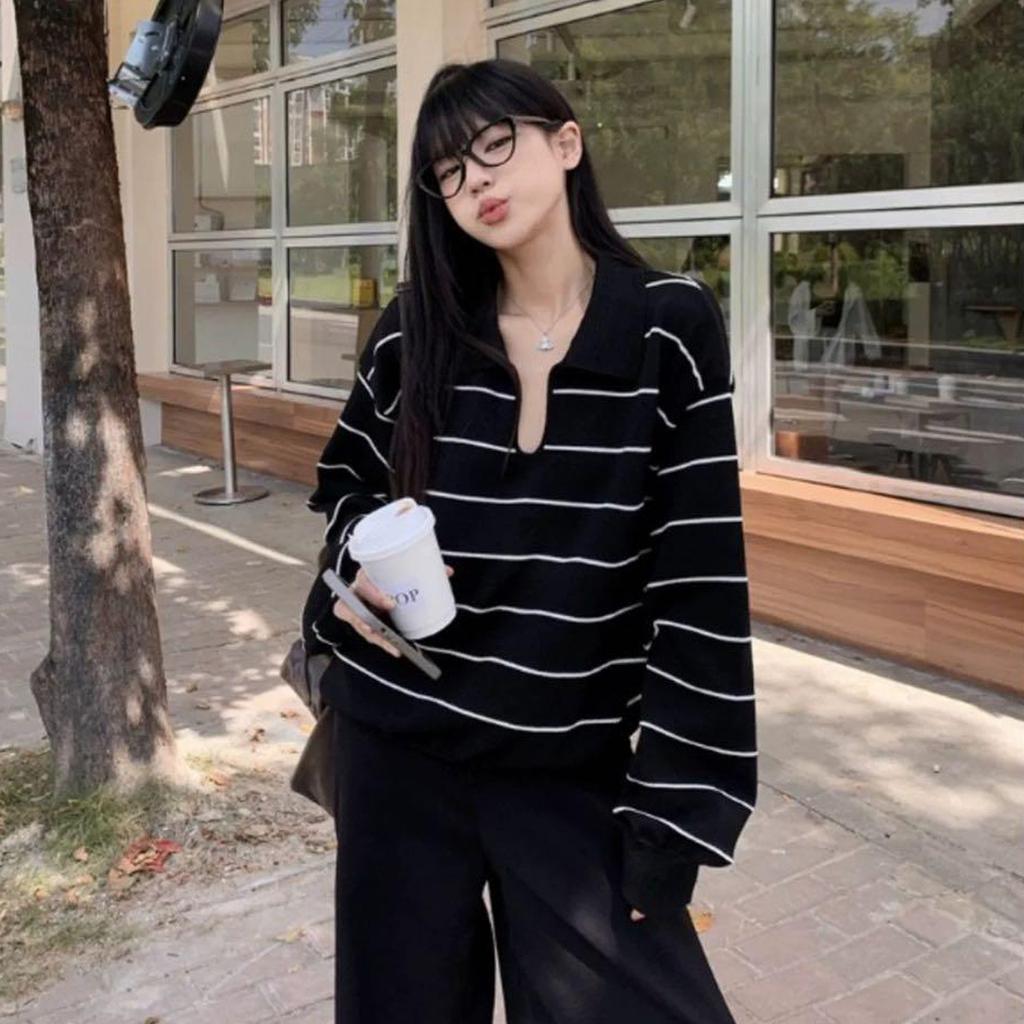 Autumn and Winter Olo Collar Lazy Striped Top Long Sleeve Loose Lapel Contrasting Color Long Sleeve Outer Women's Knitted Sweater