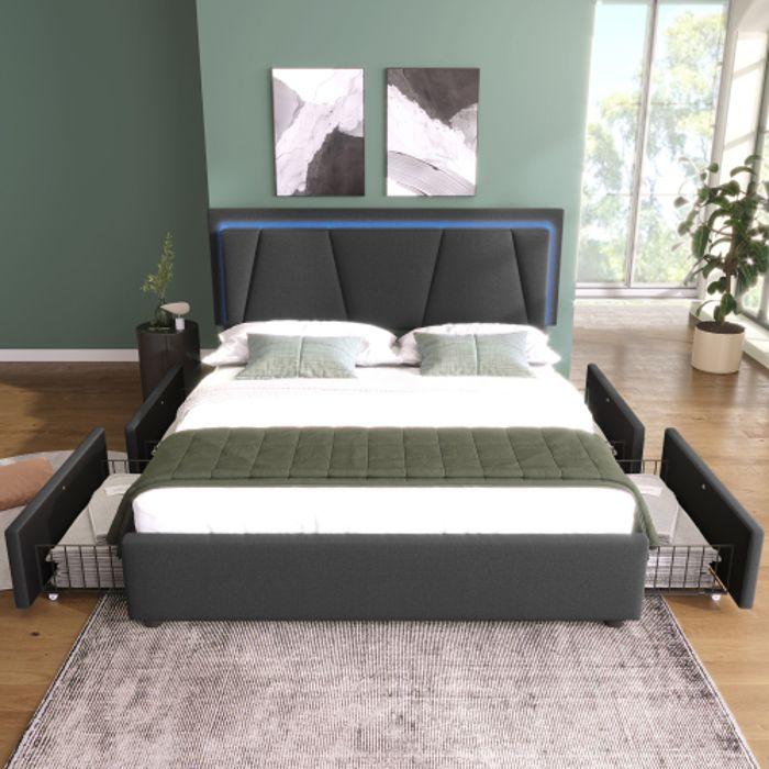 Lit Rembourré Avec Éclairage LED Et 4 Tiroirs, Tête De Lit Réglable,140x200cm,cadre De Lit,sommier À Lattes,gris (avec Matelas)