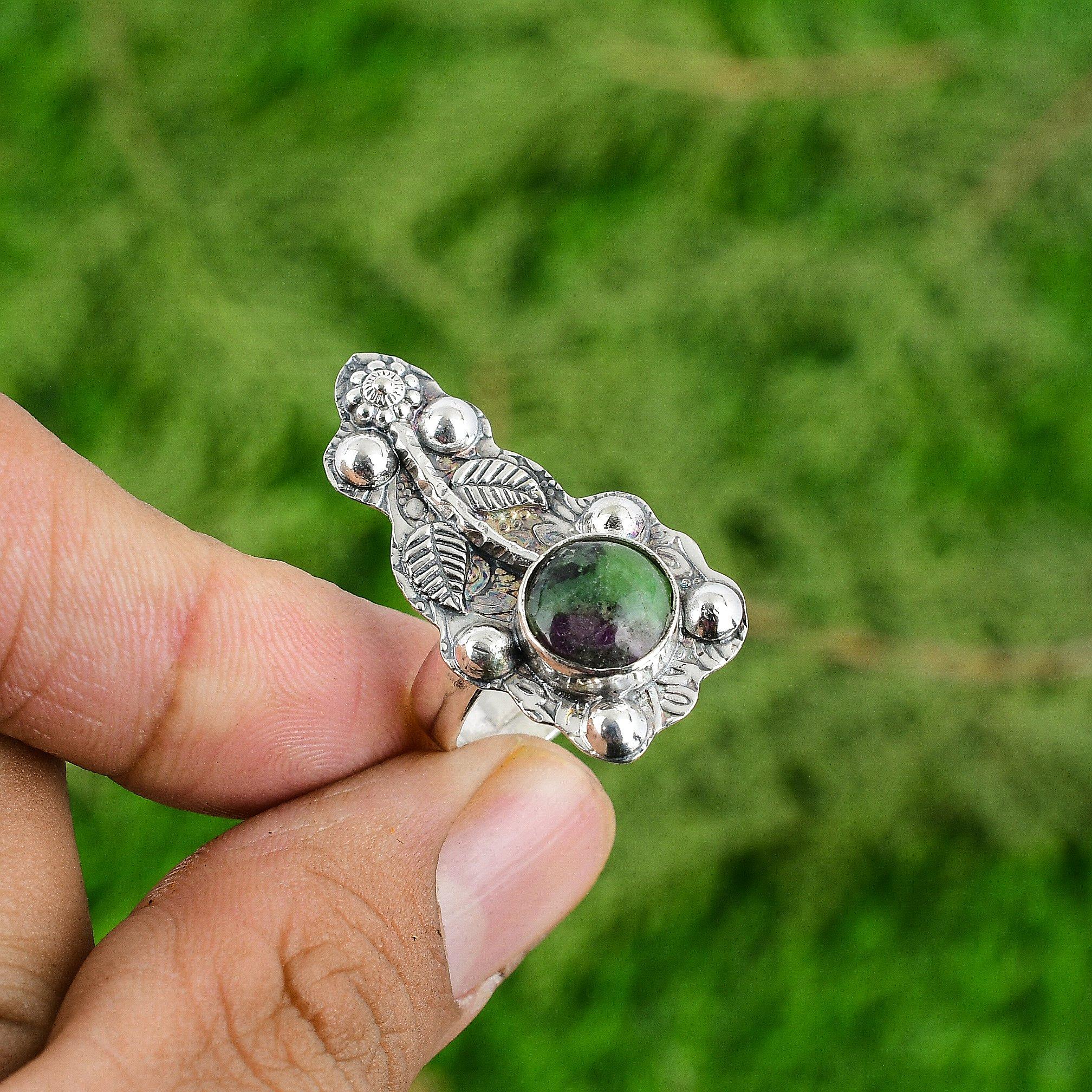 

Round Natural Ruby Zoisite 925 Sterling Silver Flower Stackable Engagement Ring Adjustable