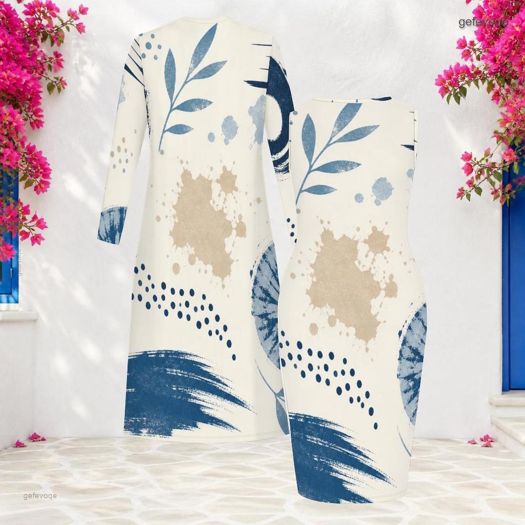 Women Plus Size Two Piece Set Long Sleeve Open Front Cardigan Sleeveless Round Neck Bodycon Printed Dress Blue White Beige