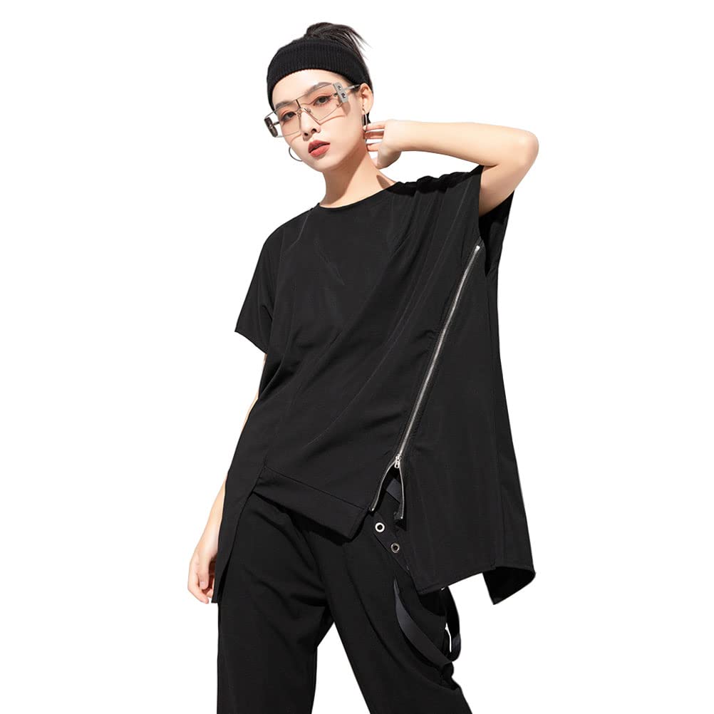 Morino Asymmetrical Zip Drop for Men and Modern T-Shirt, Shoulder, Sleeveless, Oversized, Flattering, Unisex, Women, V-kei, Style, Black/White (Black)