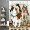 Cute Cartoon Cat House Floral Colorful Lights Shower Curtain, Bathroom Decorative Shower Curtain, Waterproof Shower Curtain with