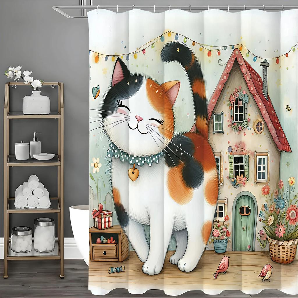 Cute Cartoon Cat House Floral Colorful Lights Shower Curtain, Bathroom Decorative Shower Curtain, Waterproof Shower Curtain with