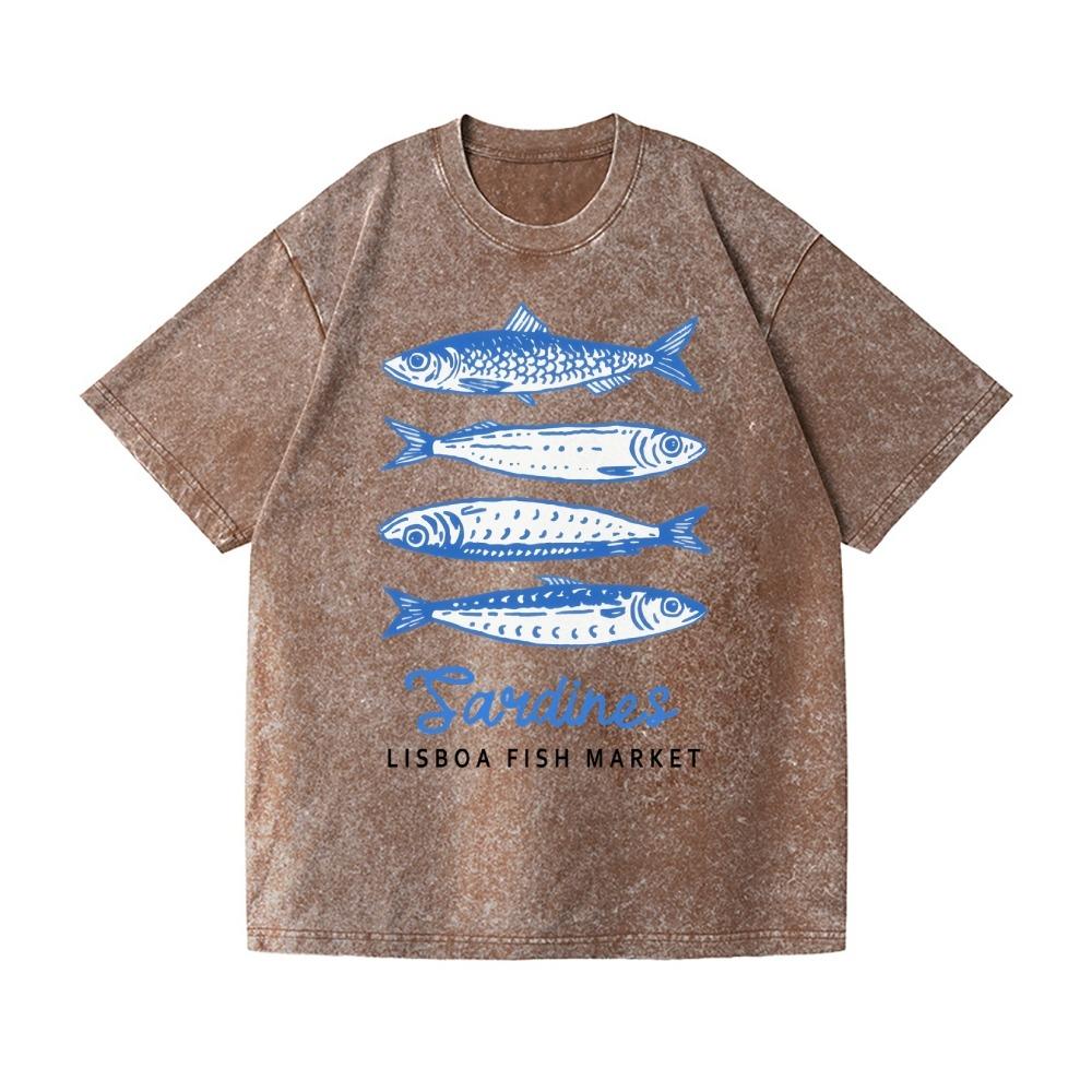 

Vintage Sardines Lisboa Fish Market Wash Japanese Design T-Shirt Holiday Summer Unisex Pure Cotton High Quality Tees 3XL