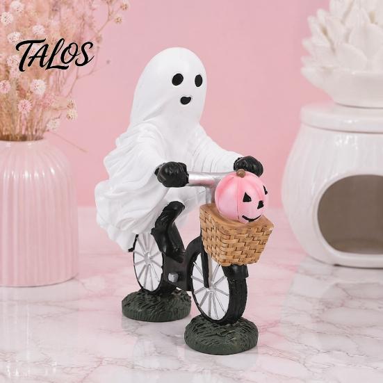 Fun Halloween Collectible Statue Ghost Riding Bicycle Resin Figurine, Spooky Desk Shelf Decor for Creative Party Ornament Home Entryway, Hand-Painted