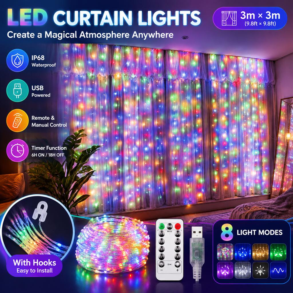 LED Curtain Lights Copper Wire USB Powered Remote Control Timer IP68 Waterproof