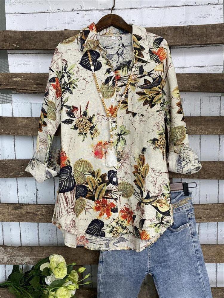 Comfortable Casual Loose Fit Blouse  Long Sleeve Printed Cotton Linen Top