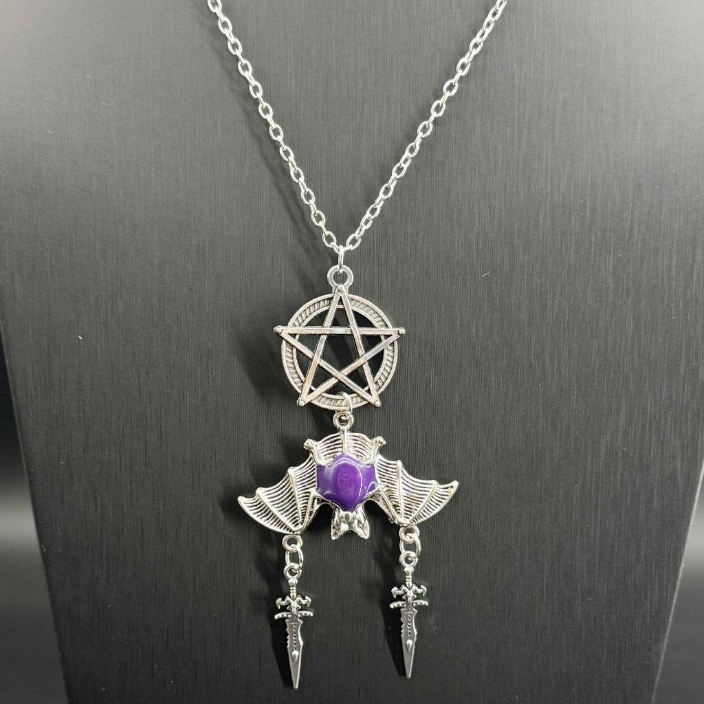 Gothic Punk Star & Bat Sword Pendant Necklace - Halloween Style