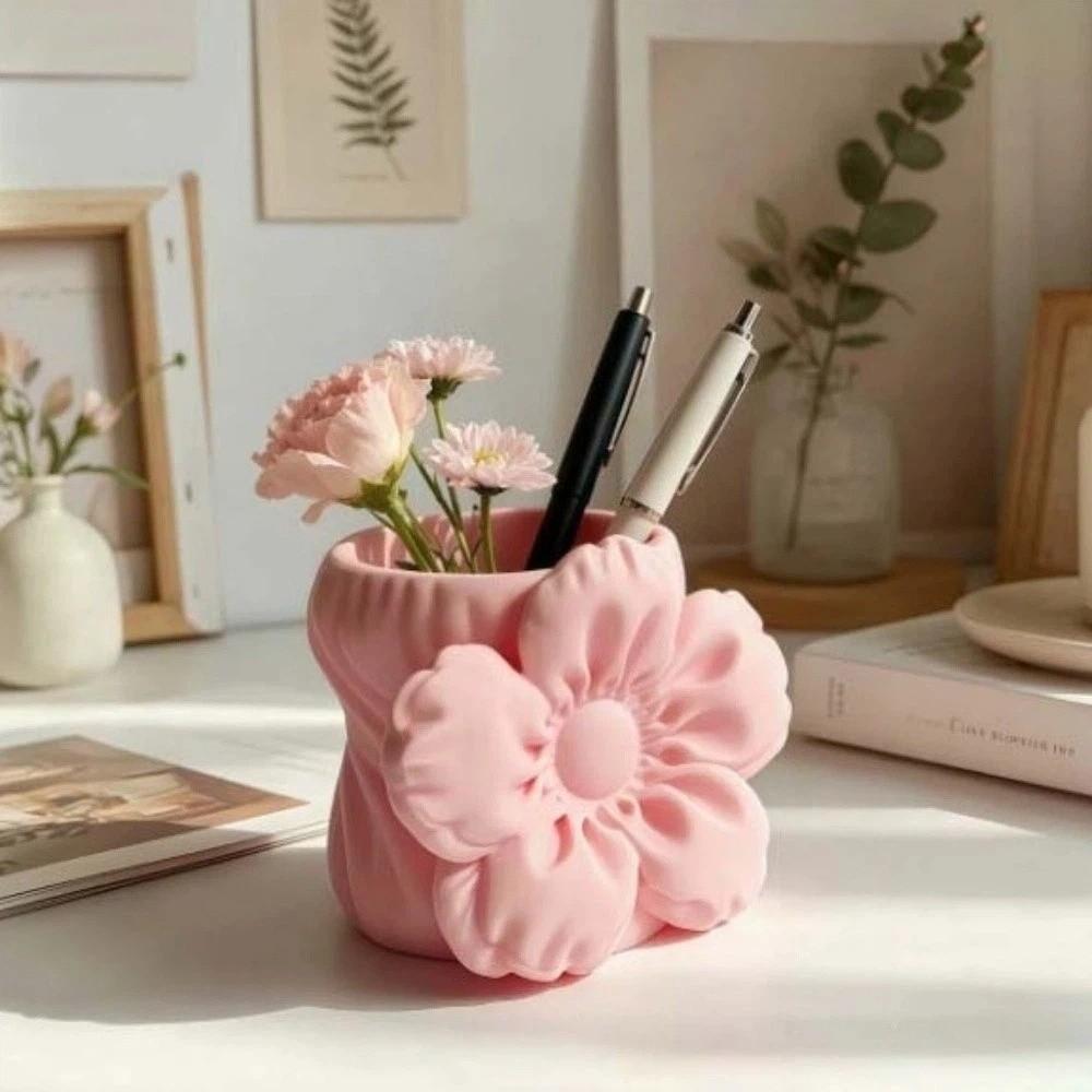 Desktop Organizer Puff Flower Pen Holder Makeup Brush Bin Cherry Blossom Ornament Office Desktop