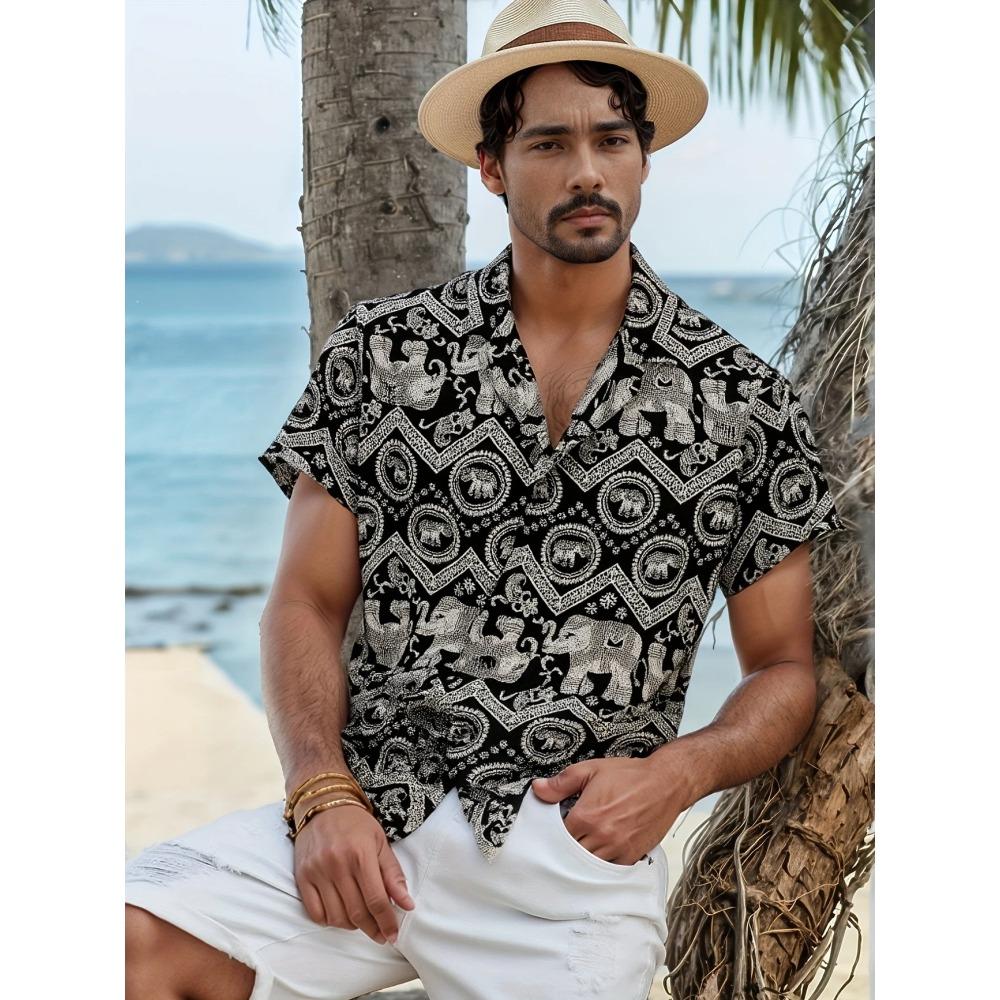 Summer 2025 Men's Short-sleeved Shirt With Black And White Stripes And Collection Pattern Print Single-breasted Fashion Shirt