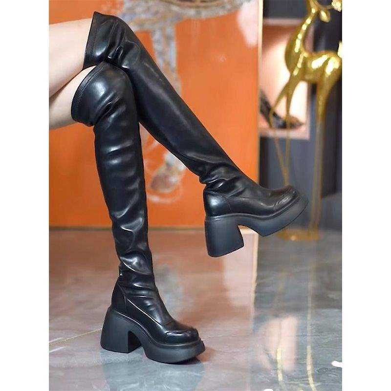 Round head thick-soled boots women's elastic boots, thin over-the-knee boots women's 2025 new small thin versatile knight boots