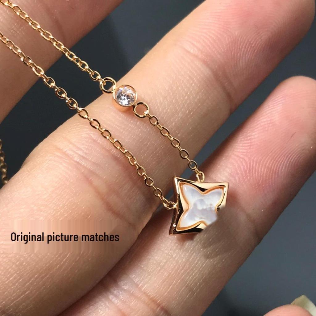 Elegant LV Monogram Halsband: Romb och Rund Blomma Vit Pärlemor Dam Nyckelbenskedja