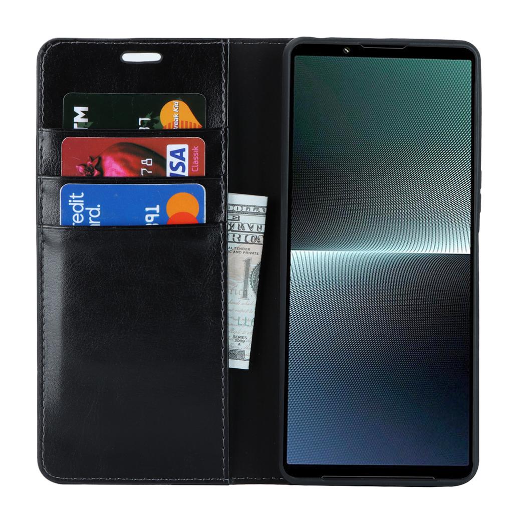 For Sony Xperia 1 V Stand Flip Wallet Crazy Horse Texture Genuine Cow Leather Cover Phone Case