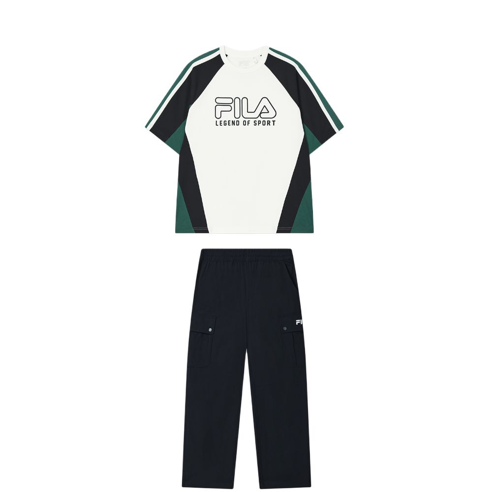 

Fila Оригинальный пуловер свободного кроя с цветными блоками и надписью, футболка с коротким рукавом, удобные длинные брюки, повседневный спортивный комплект F11M539120F-WT+F11M539801F-NV XXL