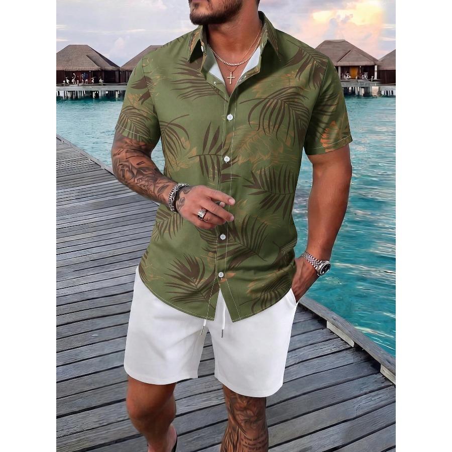 Men's Summer Tropical Flower Hawaiian Shirt, Palm Leaf Print Short-Sleeve Shirt and Shorts Set