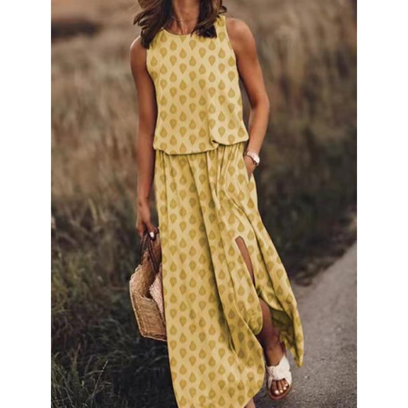 Vestido Largo Casual de Color Sólido sin Mangas con Cuello Redondo, Abertura Lateral, Ropa Nueva Europea y Americana para Mujer de Primavera y Verano