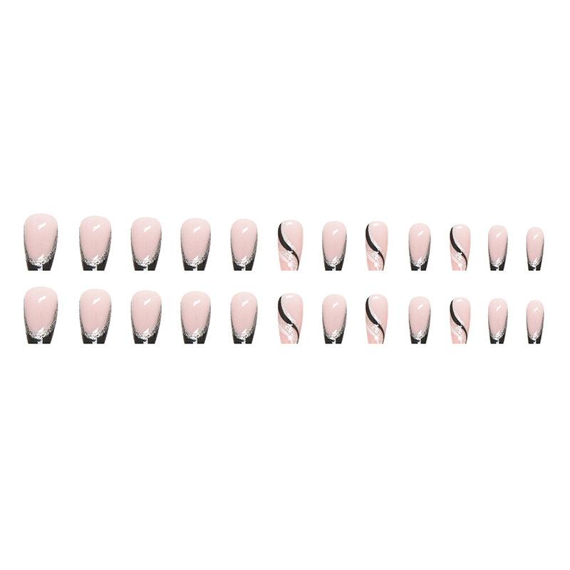 Kurze Ballettnägel, schwarzer Glitzer, französische, schlichte, europäische und amerikanische gestreifte Nailart-Tabletten, künstliche Nägel