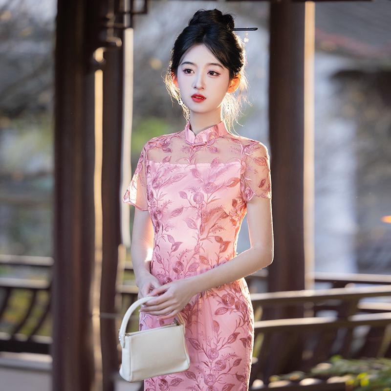 Modern Pink Embroidered Cheongsam Dress - Mid-Length Summer Style