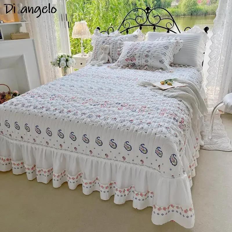European Style Cotton Floral Wrap Around Ruffle Lace Bed Skirt Sheet Pillowcase Thickened Bed Cover Cotton Quilted Bedspread #/