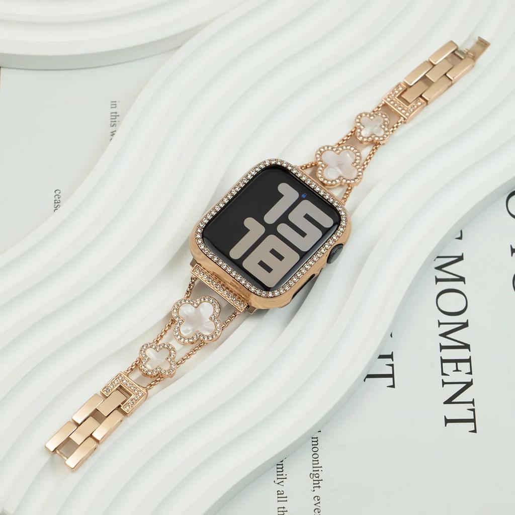 Armband Metallband + Gehäuse Damen Diamantarmband Vierblättriges Kleeblatt für Apple Watch Band Ultra2 49 44 45 42 40 38mm Serie 9 8 7 SE 6 5 4 3