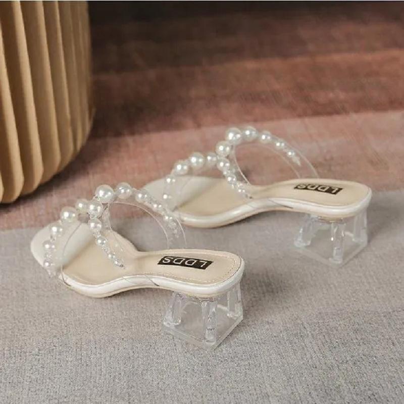 women fashion sweet light weight transparent pearl square heel sandal shoes lady classic comfort heel sandals ab633