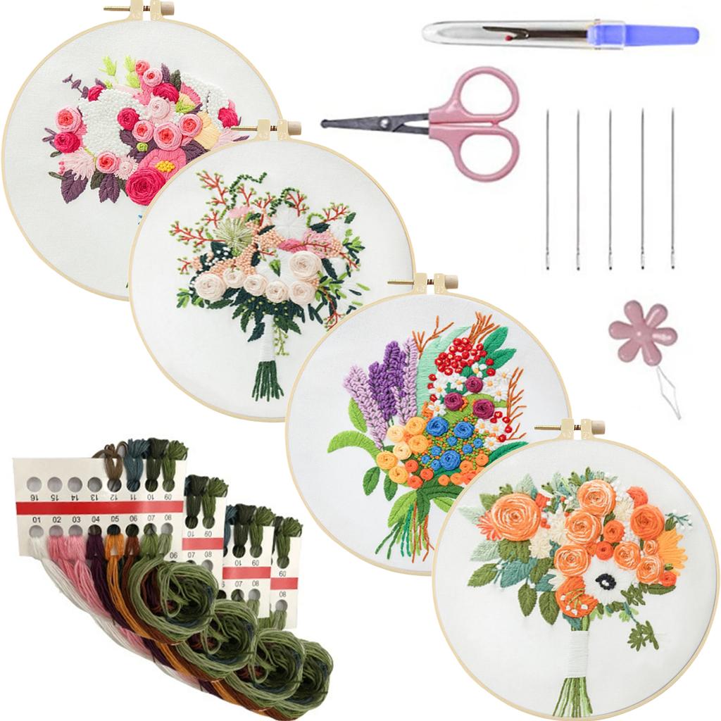 4 Pack Flowers DIY Embroidery Kit with Embroidery Hoop Embroidery Starter Kit 30x30cm for Adult Beginners Gift for Women